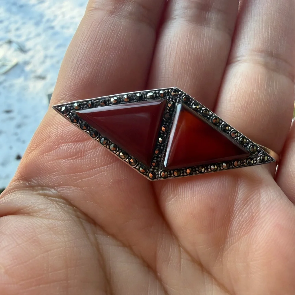 Vintage 925 Sterling Silver Marcasite and Onyx Triangle Brooch